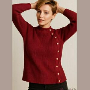 NWT Cable & Gauge Red/ Fuchsia Knit Sweater With Gold Buttons Details  Large
